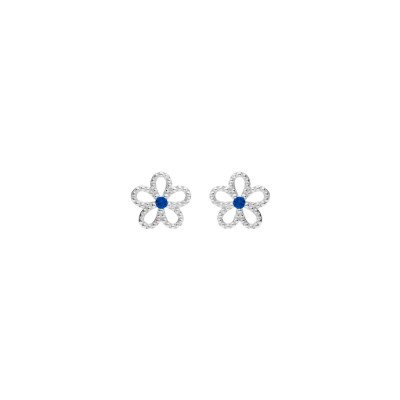 Boucles d'oreilles tige argent rhodié fleur ajourée oxyde bleu