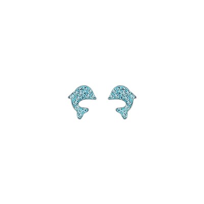 Boucles d'oreilles tige argent rhodié dauphin résine et srass bleu ciel