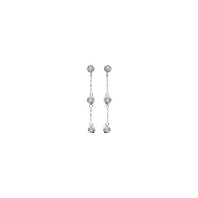 Boucles d'oreilles argent rhodié pendante 3 pierres serties clos blanches synthétiques