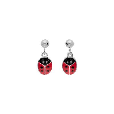 Boucles d'oreilles tige argent rhodié pendante coccinelle rouge