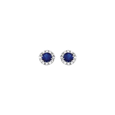 Boucles d'oreilles tige argent rhodié oxyde bleu central avec contour oxydes blancs