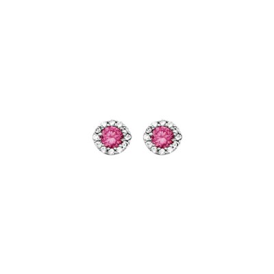 Boucles d'oreilles tige argent rhodié pierre centrale rose foncé synthétique avec contour oxydes blancs