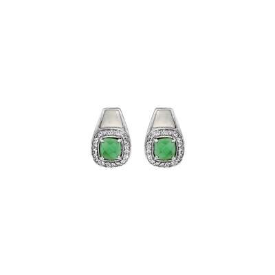 Boucles d'oreilles tige argent rhodié pendante pierre carré verte synthétique contour oxydes blancs sertis et nacre blanche
