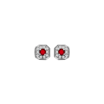 Boucles d'oreilles tige argent rhodié pendentif carré oxydes sertis blancs pierre centrale synthétique rouge