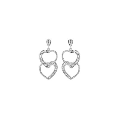 Boucles d'oreilles tige argent rhodié double coeur superpose oxydes blancs sertis