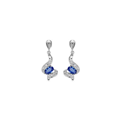 Boucles d'oreilles tige argent rhodié pierre bleu synthétique et oxydes blancs sertis