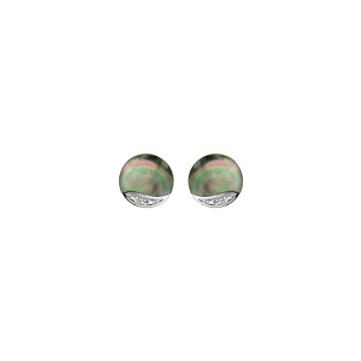 Boucles d'oreilles tige argent rhodié pastille nacre noire et oxyde blancs sertis
