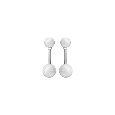 Boucles d'oreilles tige argent rhodié suspension double boule céramique blanche