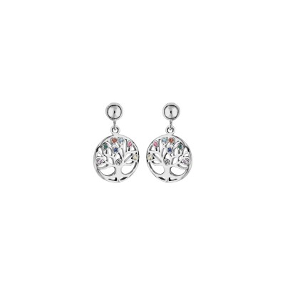 Boucles d'oreilles tige argent rhodié rondelle arbre de vie pierres synthétiques multi couleurs