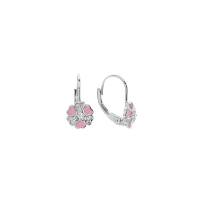 Boucles d'oreilles argent rhodié dormeuse forme fleur avec coeurs oxydes blancs et résine