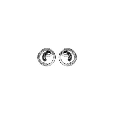 Boucles d'oreilles tige argent rhodié rond avec volute oxydes blancs sertis blancs et pierres noires synth