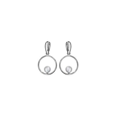 Boucles d'oreilles tige argent rhodié avec cercle et perle blanche d'eau douce