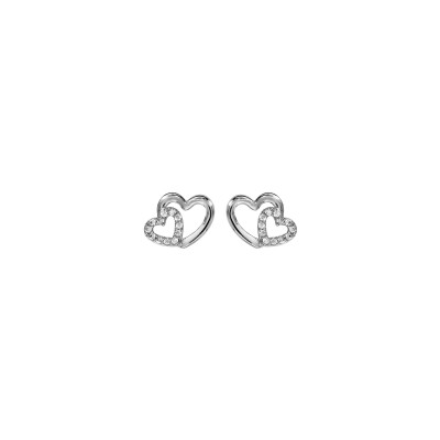 Boucles d'oreilles tige argent rhodié double coeur croise oxydes blancs