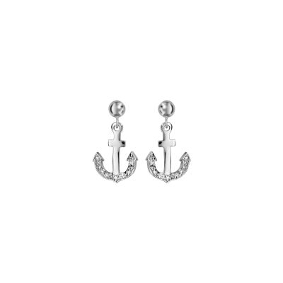 Boucles d'oreilles tige argent rhodié ancre marine avec oxydes blancs sertis