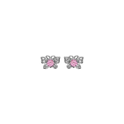 Boucles d'oreilles tige argent rhodié papillon oxydes blancs et pierres centrale rose synthétique