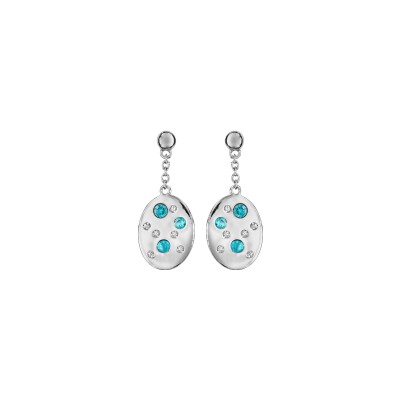 Boucles d'oreilles tige argent rhodié pendante plaquette ovale avec oxydes blancs et bleu ciel