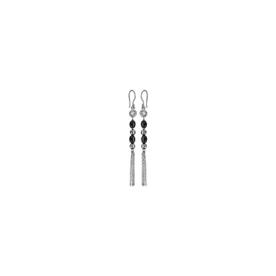 Boucles d'oreilles argent rhodié crochet avec pompon olives céramique noire et 1 oxyde blanc
