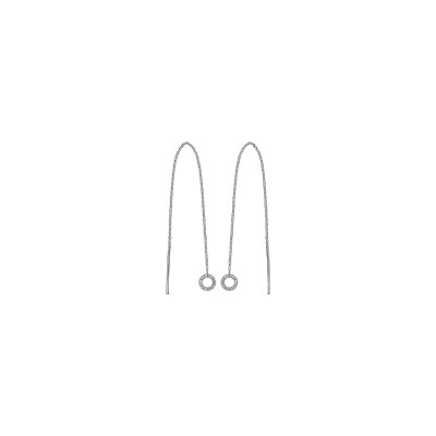 Boucles d'oreilles argent rhodié traversante longue chainette baguette et cercle oxydes balncs sertis