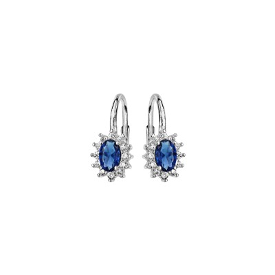 Boucles d'oreilles argent rhodié dormeuse au centre perle bleue synthétique et contour oxydes blancs sertis