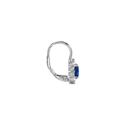 Boucles d'oreilles argent rhodié dormeuse au centre perle bleue synthétique et contour oxydes blancs sertis