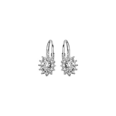 Boucles d'oreilles argent rhodié dormeuse au centre pierre blanche synthétique et contour oxydes blancs sertis