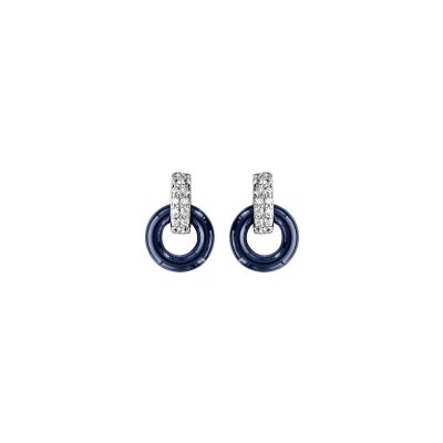 Boucles d'oreilles tige argent rhodié double anneau 1 céramique bleu marine 1 oxydes blancs sertis