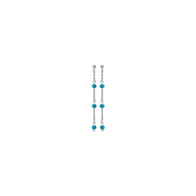 Boucles d'oreilles tige argent rhodié pendante 3 boules perles de verre facetees turquoise synthétique