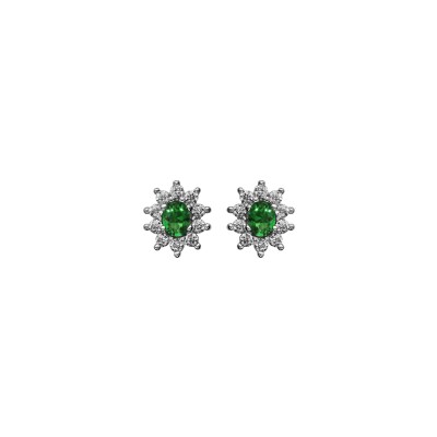 Boucles d'oreilles tige argent rhodié pierre centrale synthétique vert contour oxydes blancs sertis