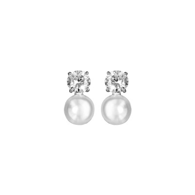 Boucles d'oreilles argent rhodié oxyde blanc serti et perle de culture d'eau douce 8mm