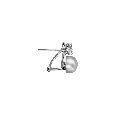 Boucles d'oreilles argent rhodié oxyde blanc serti et perle de culture d'eau douce 8mm