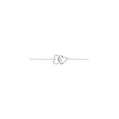Bracelet argent rhodié double coeur entrelacé oxydes blancs sertis 16+2,5cm