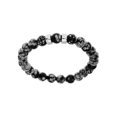 Bracelet argent rhodié extensible boules obsidienne gris véritable 2 charms à graver