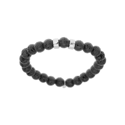 Bracelet argent rhodié extensible boules pierre de lave noir mat véritable 2 charms à graver