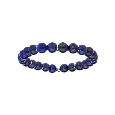 Bracelet extensible boules lapis lazuli avec rondelles argent rhodié
