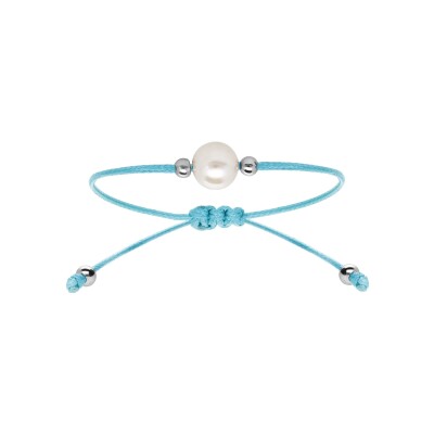 Bracelet argent rhodié cordon réglable bleu ciel perle de culture d'eau douce