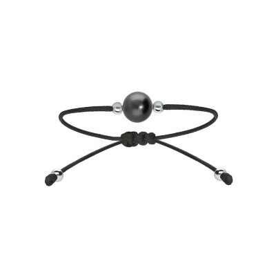 Bracelet argent rhodié cordon réglable noir perle de culture de tahiti 7mm
