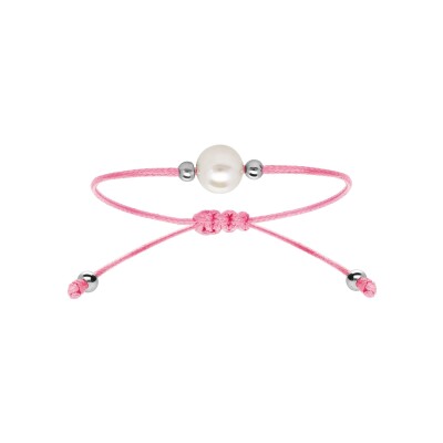 Bracelet argent rhodié cordon réglable rose perle de culture d'eau douce