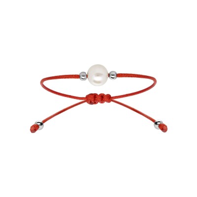 Bracelet argent rhodié cordon réglable rouge perle de culture d'eau douce