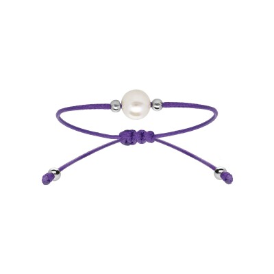 Bracelet argent rhodié cordon réglable violet perle de culture d'eau douce