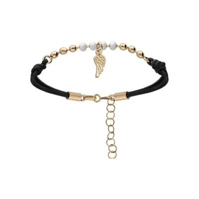 Bracelet argent et dorure jaune cordon noir boules résine blanche et pampille aile 16+3cm