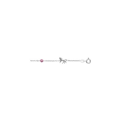 Bracelet argent rhodié motif cheval pierre rose 17,50cm réglable 15cm