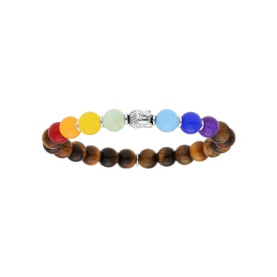 Bracelet argent rhodié extensible boules pierres oeil de tigre et jadéite multi couleur avec bouddha