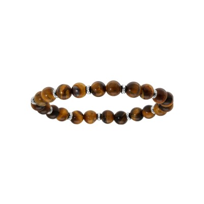 Bracelet extensible boule oeil de tigre avec anneaux lapidés argent rhodié