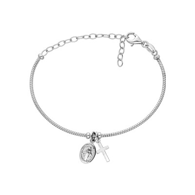 Bracelet argent rhodié semi rigide pampilles croix et miraculeuse réglable
