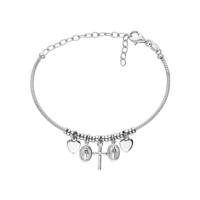 Bracelet argent rhodié semi rigide pampilles coeur croix et miraculeuse réglable