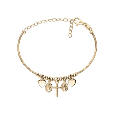 Bracelet argent et dorure jaune semi rigide pampilles coeur croix et miraculeuse réglable