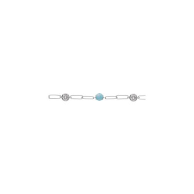 Bracelet argent rhodié mailles rectangles boules bleues et oxydes blancs 16+3cm