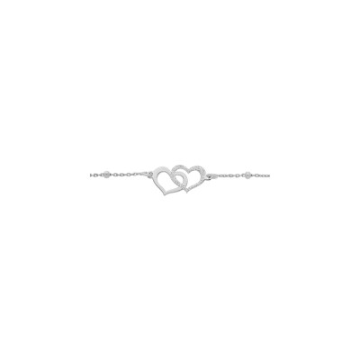 Bracelet argent rhodié double coeur granité chaine avec boules 15+3cm