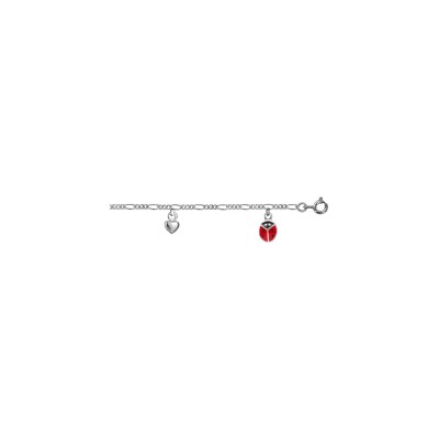 Bracelet argent rhodié pampilles coccinelles rouges et coeurs 14+2cm