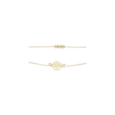 Bracelet argent et dorure jaune double chaine arbre de vie et boules 16+3cm